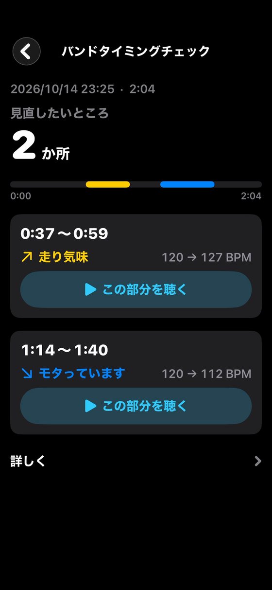 バンドタイミングチェックの結果画面（見本の音源）。確認したい所が1か所、0:47から1:28が走っていると表示され、実際の拍とはじめのテンポの拍が波形に重ねて出ている